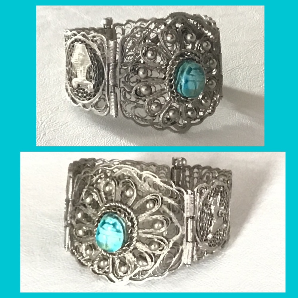 Vintage Egyptian Silver Bangle Bracelet King Tut